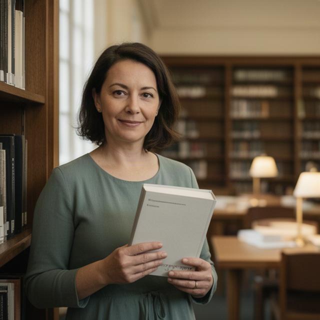 Ekonomikas pasniedzēja ar akadēmiskām grāmatām universitātes lasītavā